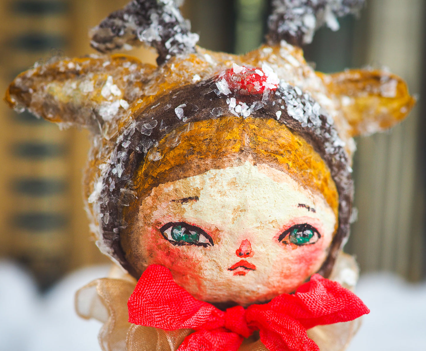 Rudolph the red nose reindeer Christmas tree ornament doll by Danita. Handmade mini doll figurine for your holiday gift list.