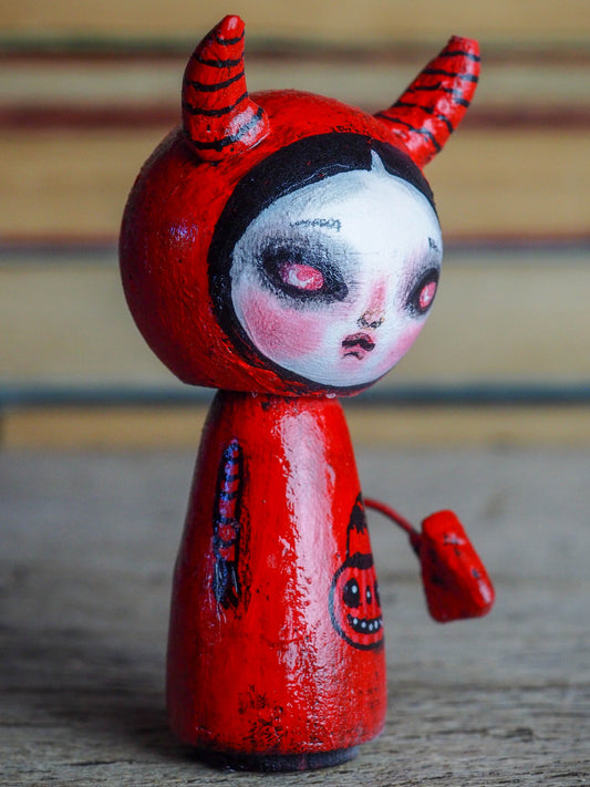 Danita original wooden kokeshi art doll. Home decor Halloween red devil girl mini figurine, perfect to decorate desks and shelves. Collectible items from Danita!