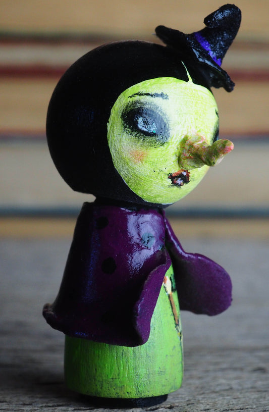 THE WICKED WITCH - Danita Halloween hand made minifig. A Kokeshi wood peg doll handmade by Danita