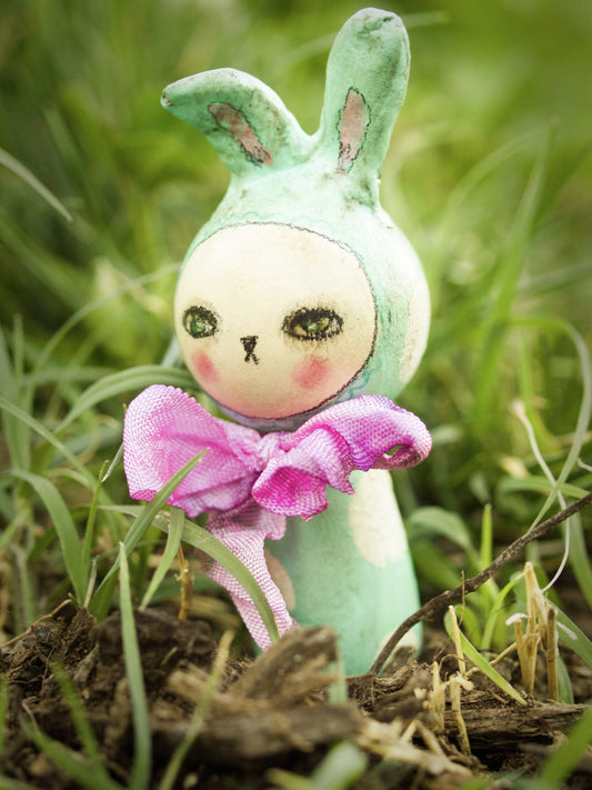 Friday, the green kokeshi Easter bunny, Miniature Dolls by Danita Art