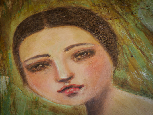 An original acrylic, oil, pastel and mixed media painting by Danita Art. Painted on a wood panel, two women pose on a portrait, one is living, the other is a ghost from a distant past but they share love, family bonds and experiences. They are soul sisters.