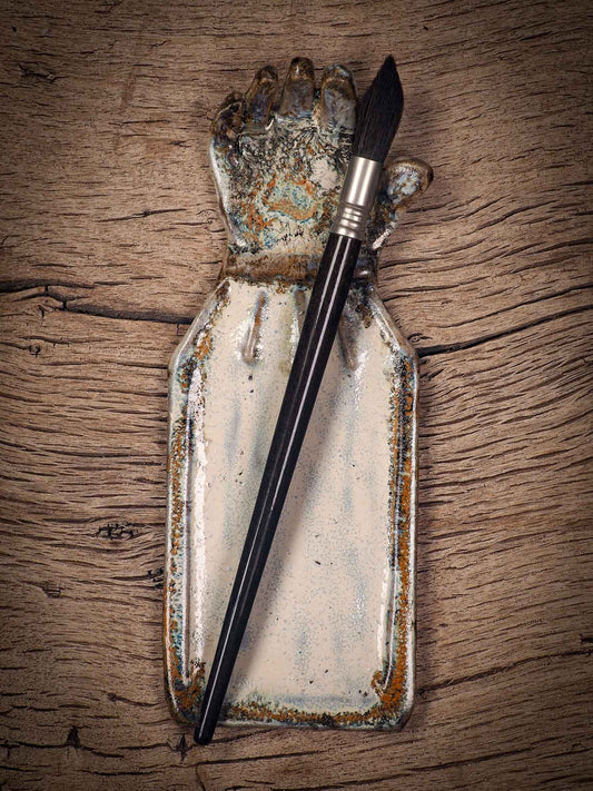 Original handmade ceramic artist paint color palettes by Idania Salcido, Danita Art. A unique work of ceramic art designed and hand built Idania Salcido. A beautiful handmade touch to any artist's studio with handmade glazed ceramic good for watercolors acrylics inks and oil paints. Clean with water or mineral spirits.