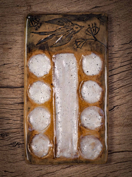 Original handmade ceramic artist paint color palettes by Idania Salcido, Danita Art. A unique work of ceramic art designed and hand built Idania Salcido. A beautiful handmade touch to any artist's studio with handmade glazed ceramic good for watercolors acrylics inks and oil paints. Clean with water or mineral spirits.