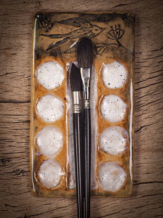 Original handmade ceramic artist paint color palettes by Idania Salcido, Danita Art. A unique work of ceramic art designed and hand built Idania Salcido. A beautiful handmade touch to any artist's studio with handmade glazed ceramic good for watercolors acrylics inks and oil paints. Clean with water or mineral spirits.