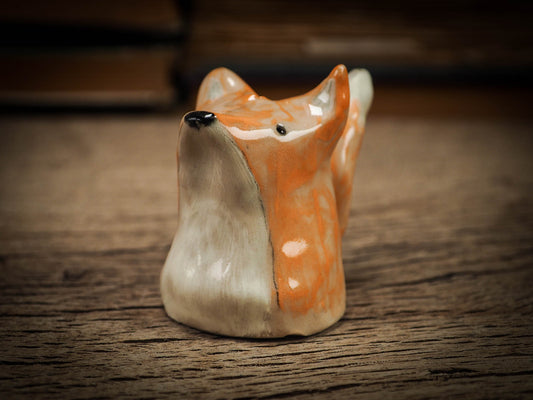 Original handmade ceramic artist color pencil brush holder red fox by Idania Salcido, Danita Art. Unique ceramic art designed and hand built Idania Salcido beautiful handmade touch to any artist's studio with handmade glazed ceramic good for watercolors acrylics inks and oil paints. Clean with water or mineral spirits.