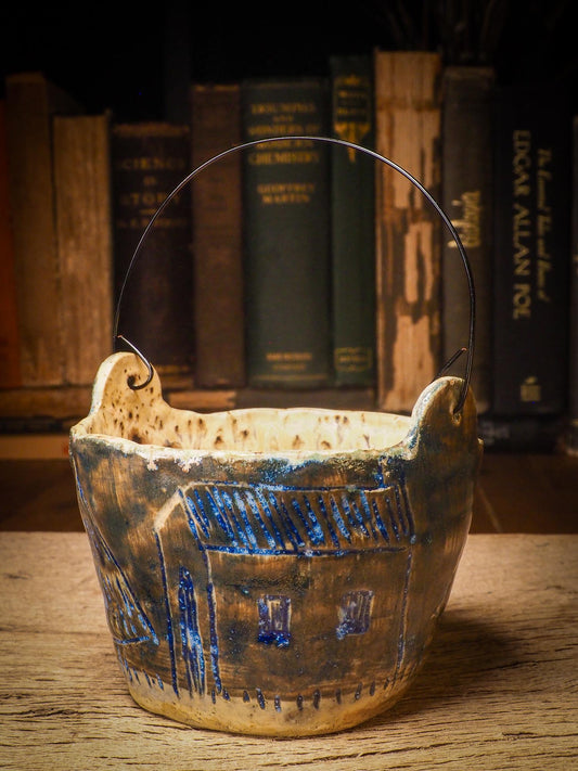 An original Christmas fire glazed ceramic handmade piece by Idania Salcido, the artist behind Danita Art. Glazed, carved sgraffito stoneware, hand painted and decorated, it is illustrated by hand with snowmen, Christmas trees, Santa Claus, angels and snow balls and winter themes.