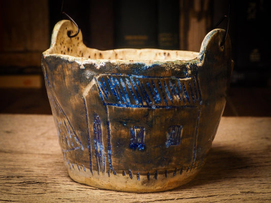 An original Christmas fire glazed ceramic handmade piece by Idania Salcido, the artist behind Danita Art. Glazed, carved sgraffito stoneware, hand painted and decorated, it is illustrated by hand with snowmen, Christmas trees, Santa Claus, angels and snow balls and winter themes.