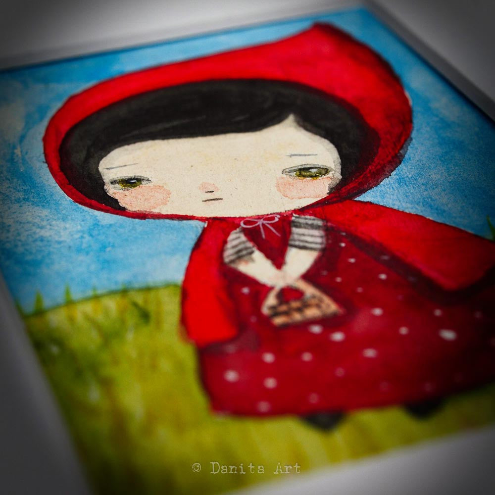 Little Red Riding Hood, an Original Watercolor ACEO Card Study, Original Art by Danita Art