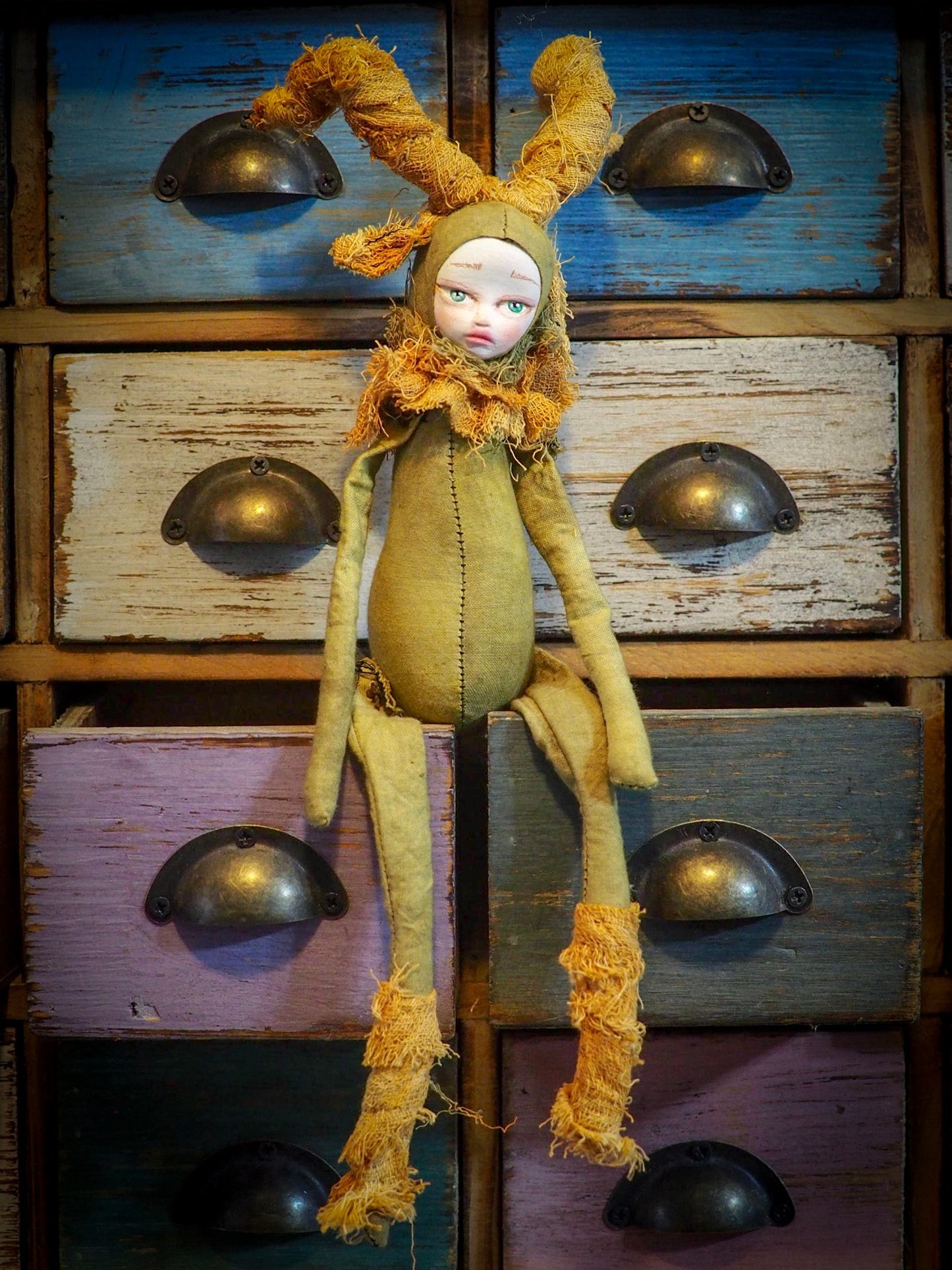 THE FAUN - An original handmade doll by Danita Art, made with original patterns, organic fabric dyed using only natural ingredients like avocado peels, walnuts and marigolds. Each mini art doll in this toy collection is a mini work of huggable fabric art to be treasured by any collector of Danita's melancholic and fantastic work.