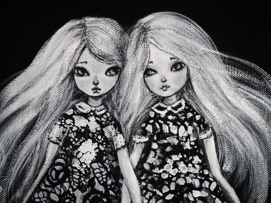 Two sisters travel the afterlife in ghost world on this amazing mixed media Halloween painting by Danita Art. The surreal link between twin girls and their spirits keeping together in afterlife make up for a beautiful monochrome original painting by Danita Art.